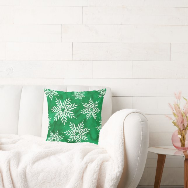Green Abstract Watercolor Snowflakes Throw Pillow (Couch)
