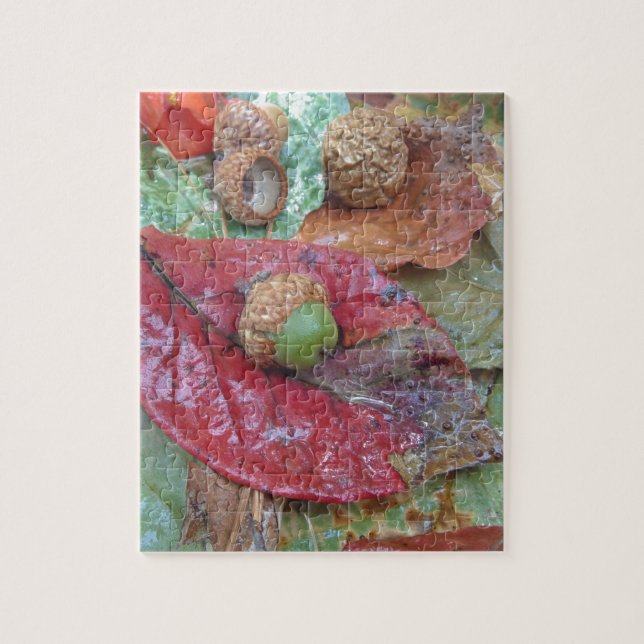 Green Acorn on a Red Fall Leaf Jigsaw Puzzle (Vertical)