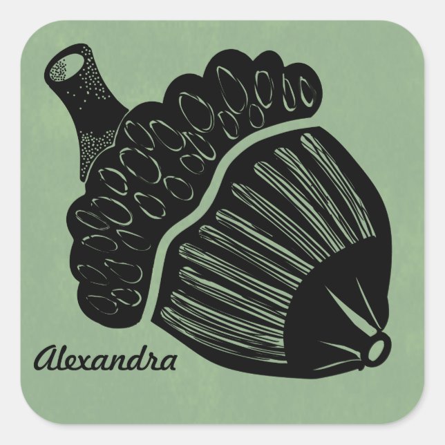 Green Acorn Woodcut Square Sticker (Front)