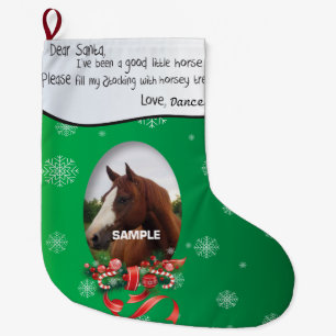 Green ADD YOUR HORSE Photo and Name Dear Santa Large Christmas Stocking