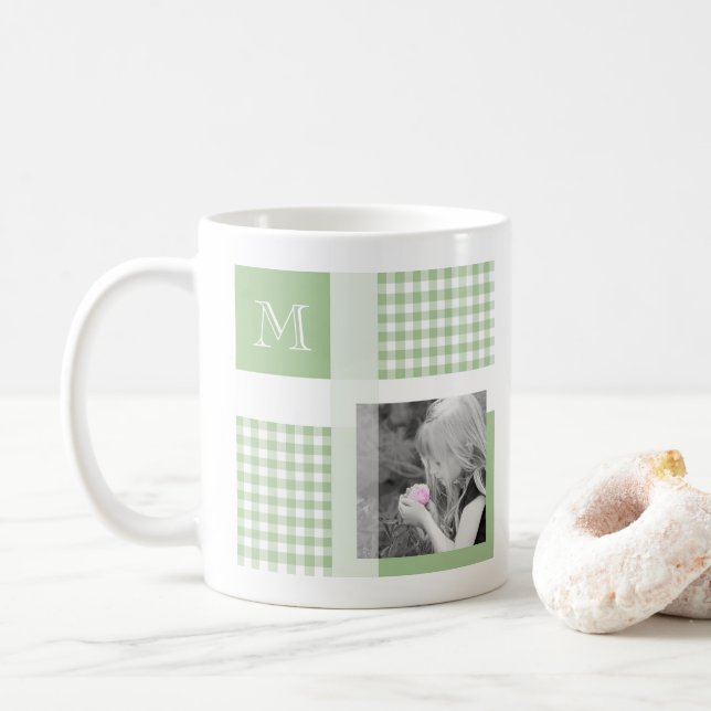 Green Add Your Photo Gingham Modern Monogram Coffee Mug (With Donut)