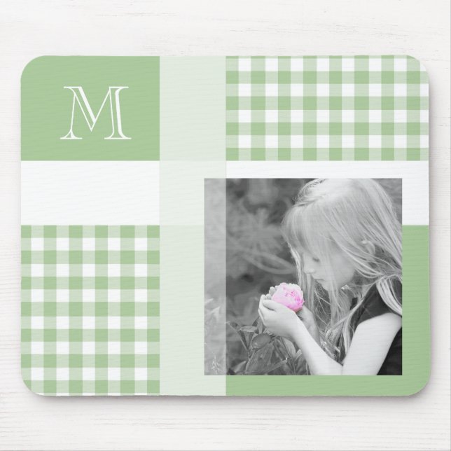 Green Add Your Photo Gingham Modern Monogram Mouse Mat (Front)