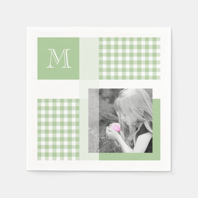 Green Add Your Photo Gingham Modern Monogram Napkin (Front)