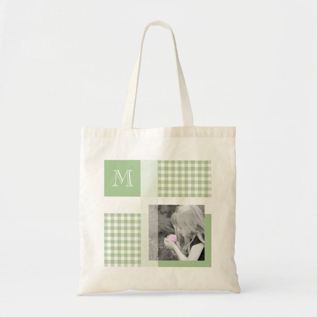 Green Add Your Photo Gingham Modern Monogram Tote Bag (Front)