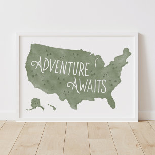 Green Adventure Awaits US Map Kids Room Decor