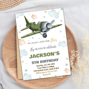 Green Aeroplane Birthday Invitations