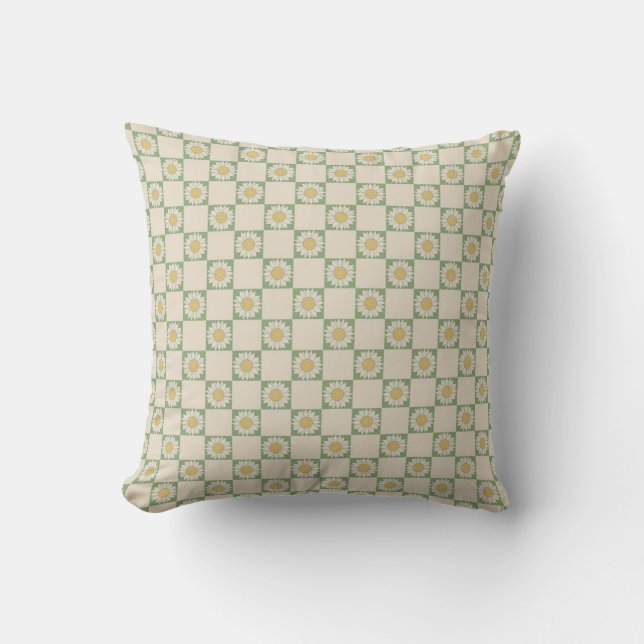 Green Aesthetic Chequered Sunflower Y2K Pattern Cushion (Front)