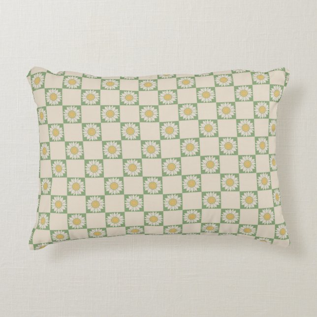 Green Aesthetic Chequered Sunflower Y2K Pattern Decorative Cushion (Front)