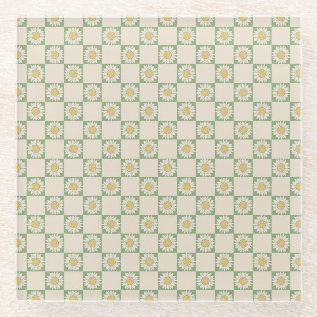 Green Aesthetic Chequered Sunflower Y2K Pattern Glass Coaster (Front)