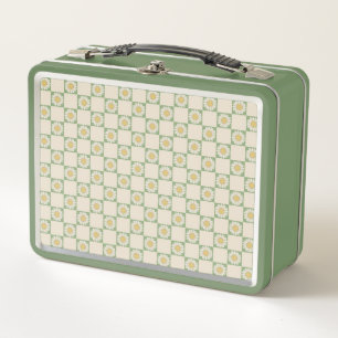 Green Aesthetic Chequered Sunflower Y2K Pattern Metal Lunch Box