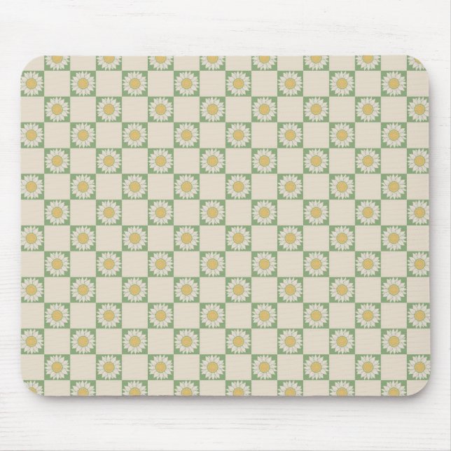 Green Aesthetic Chequered Sunflower Y2K Pattern Mouse Mat (Front)