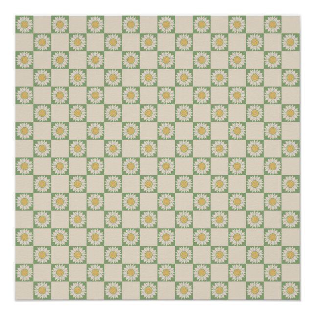 Green Aesthetic Chequered Sunflower Y2K Pattern Poster (Front)