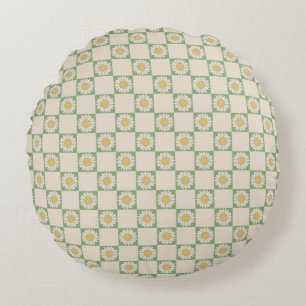 Green Aesthetic Chequered Sunflower Y2K Pattern Round Cushion