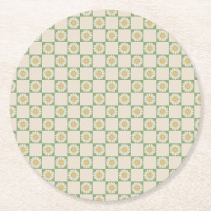 Green Aesthetic Chequered Sunflower Y2K Pattern Round Paper Coaster