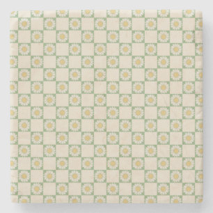 Green Aesthetic Chequered Sunflower Y2K Pattern Stone Coaster