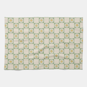 Green Aesthetic Chequered Sunflower Y2K Pattern Tea Towel