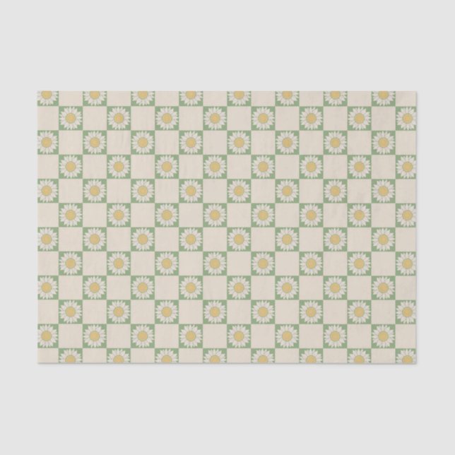 Green Aesthetic Chequered Sunflower Y2K Pattern Tissue Paper (Front)