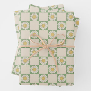 Green Aesthetic Chequered Sunflower Y2K Pattern Wrapping Paper Sheet