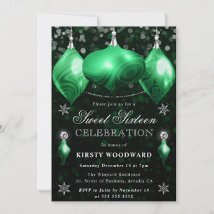 Green Agate Baubles Christmas Sweet 16 Invitation