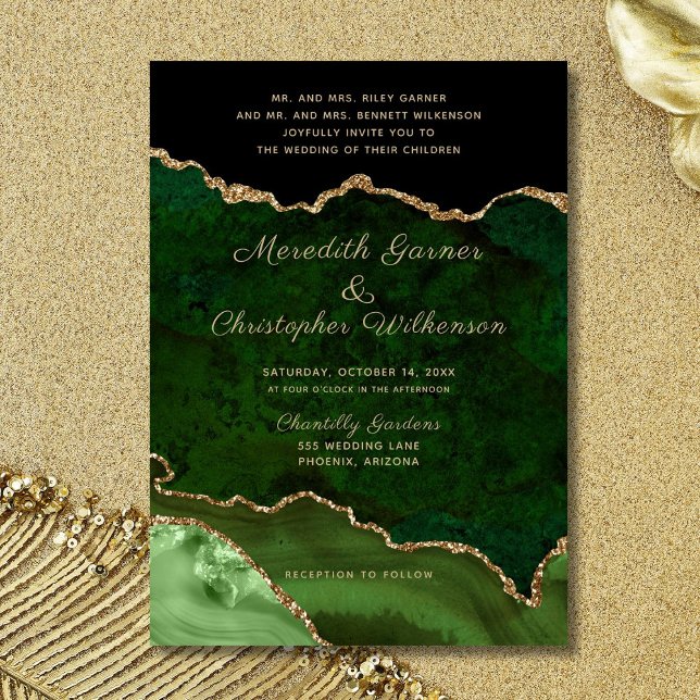 Green Agate Geode Gold Glitter Formal Wedding Invitation (Creator Uploaded)