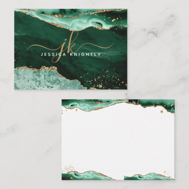 Green Agate Geode Gold Glitter Monogram Script Card (Front/Back)
