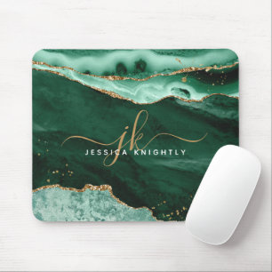 Green Agate Geode Gold Glitter Script Monogram Mouse Mat