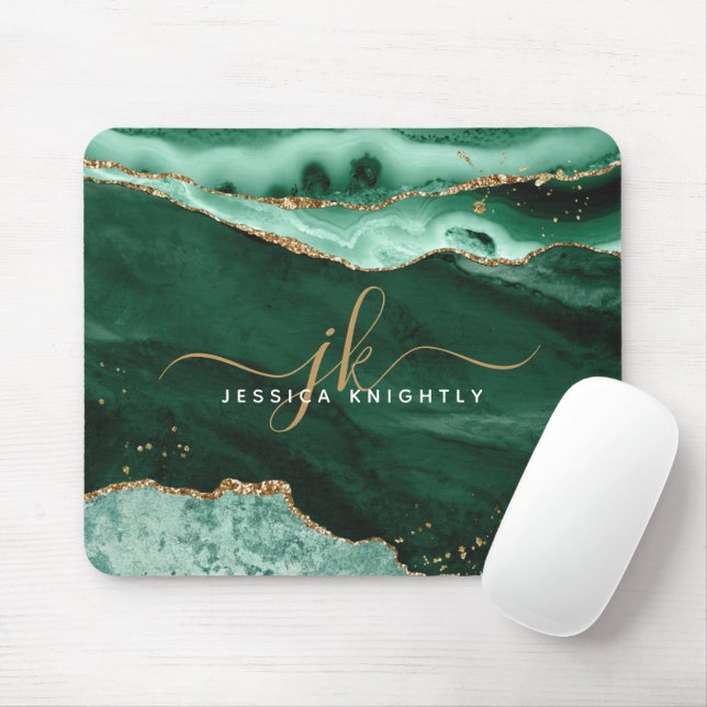 Green Agate Geode Gold Glitter Script Monogram Mouse Mat (With Mouse)