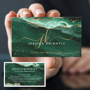 Green Agate Geode Monogram Gold Script Business Card