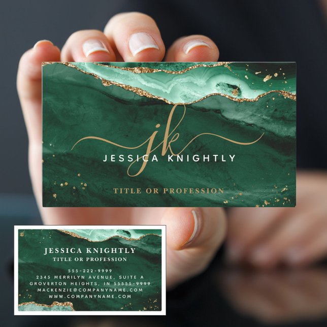 Green Agate Geode Monogram Gold Script Business Card (Creator Uploaded)