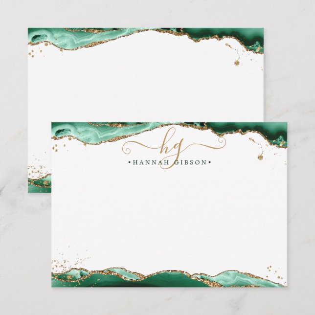 Green Agate Geode Monogram Script Gold Glitter Card (Front/Back)