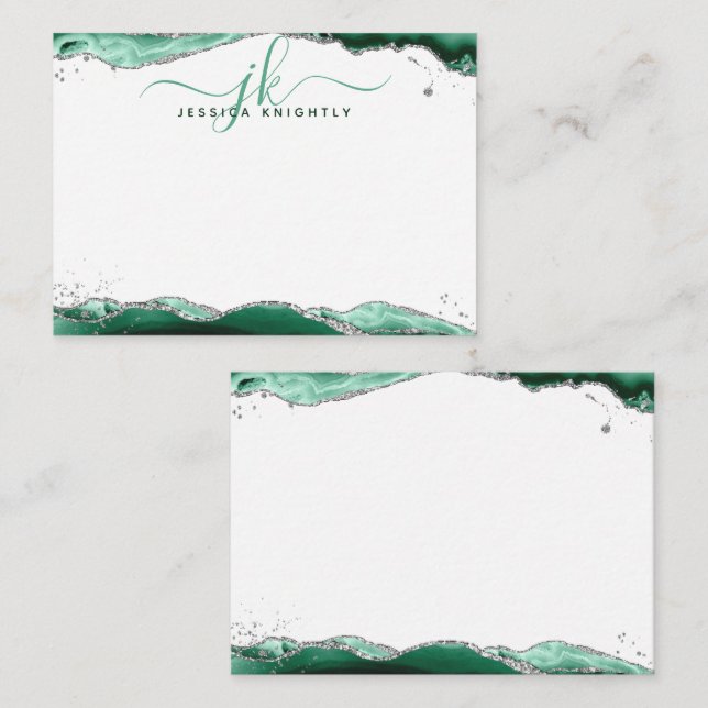 Green Agate Geode Script Monogram Silver Glitter Card (Front/Back)