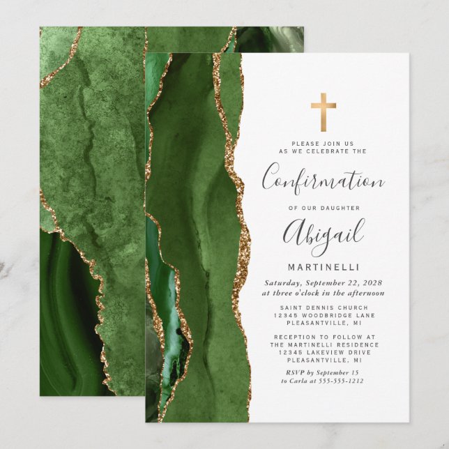  Green Agate Gold Glitter Confirmation Invitation (Front/Back)