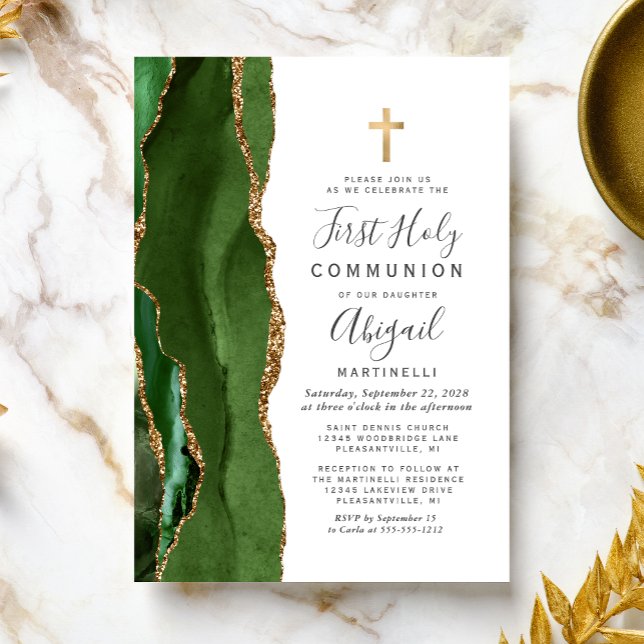  Green Agate Gold Glitter First Holy Communion Invitation (Creator Uploaded)
