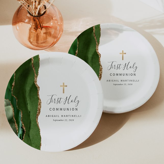 Green Agate Gold Glitter First Holy Communion Paper Plate (Creator Uploaded)