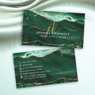 Green Agate Gold Glitter Script Monogram Business Card