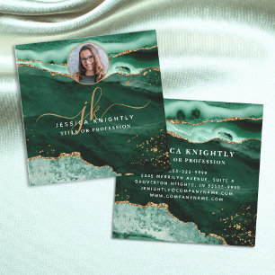 Green Agate Gold Glitter Script Photo Square Business Card