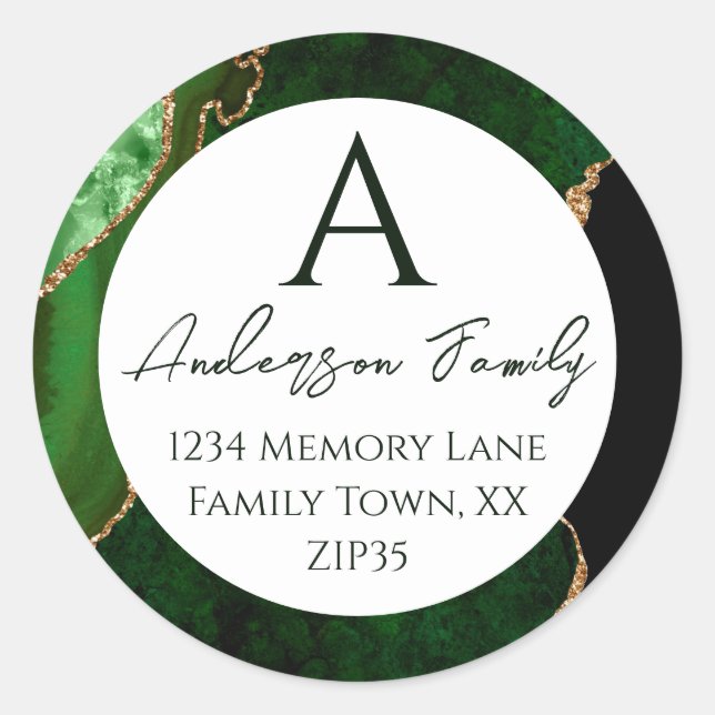 Green Agate Monogram Family Address Classic Round Sticker (Front)