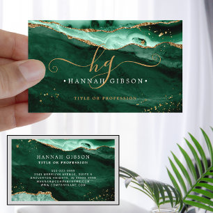 Green Agate Script Monogram Faux Gold Glitter Business Card