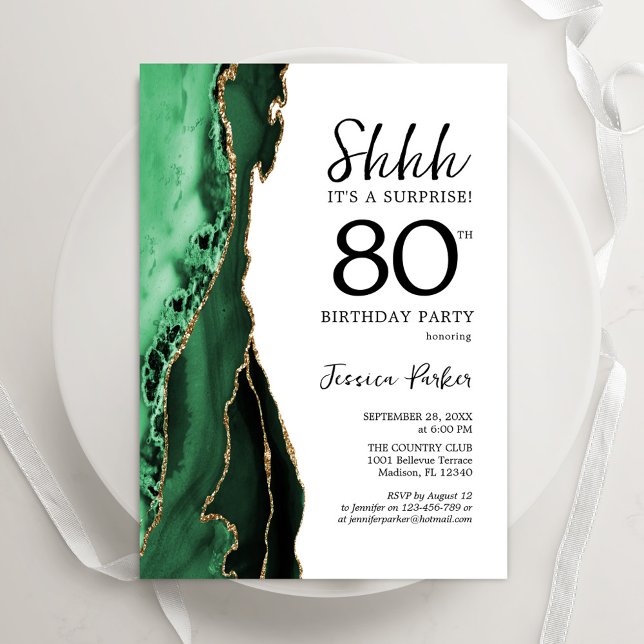 Green Agate White Gold Surprise 80th Birthday Invitation (Creator Uploaded)