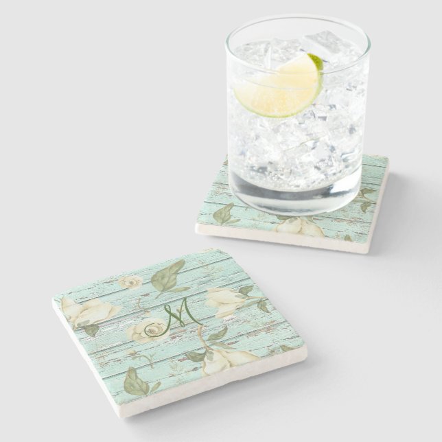 Green Aged Wood Monogram with Magnolias Stone Coaster (Side)