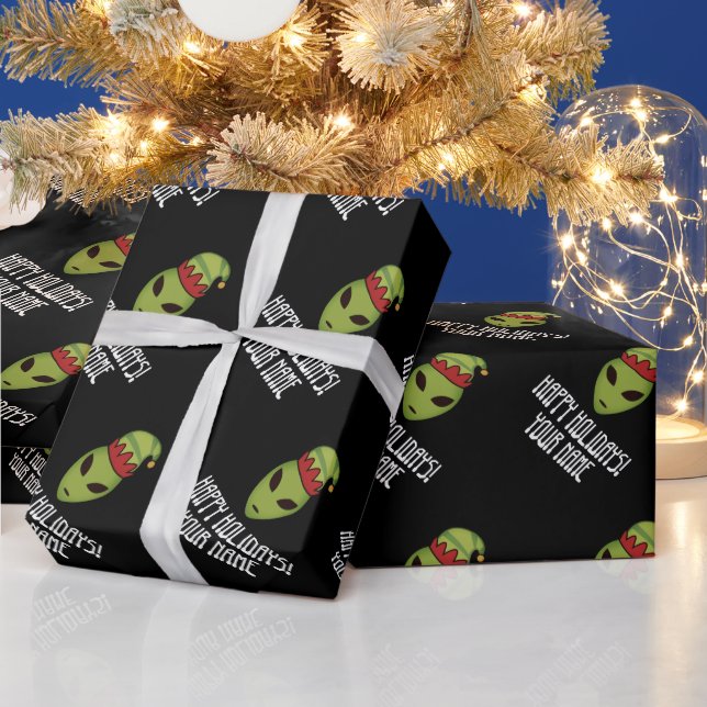 Green alien elf head custom black Christmas Wrapping Paper (Holidays)