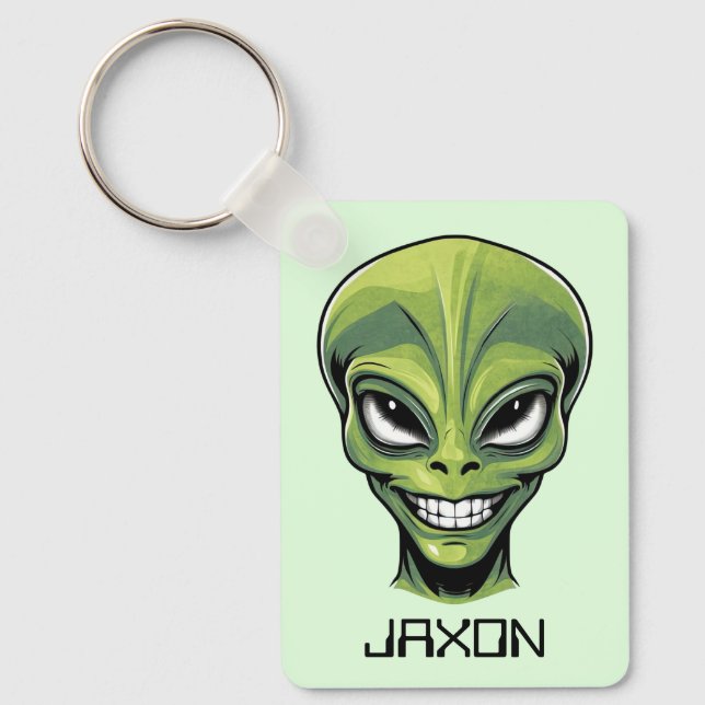 Green Alien Head Personalised Key Ring (Front)