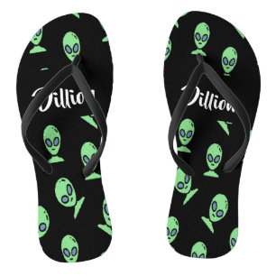 Green alien heads on black flip flops