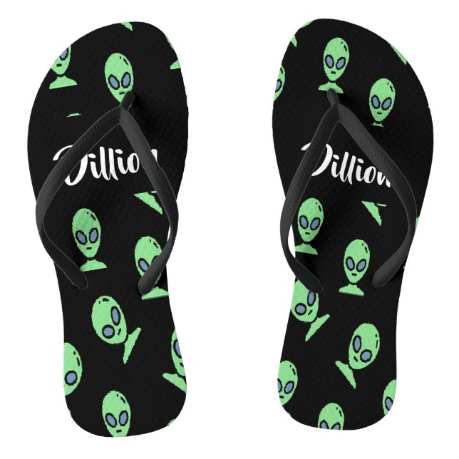 Green alien heads on black flip flops (Footbed)