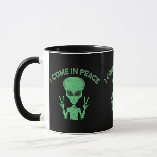 Green Alien I Come In Peace Extraterrestrial UFO Mug (Left)