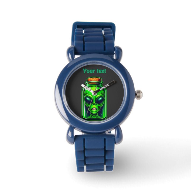 Green Alien in a Bottle Neon Sci-Fi Illustration Watch (Front)