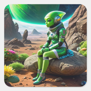 Green Alien Thinker Pose Square Sticker