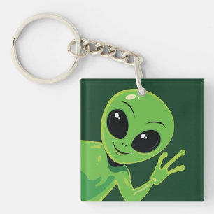 Green Alien Waving Cartoon Friendly Outer Space Key Ring