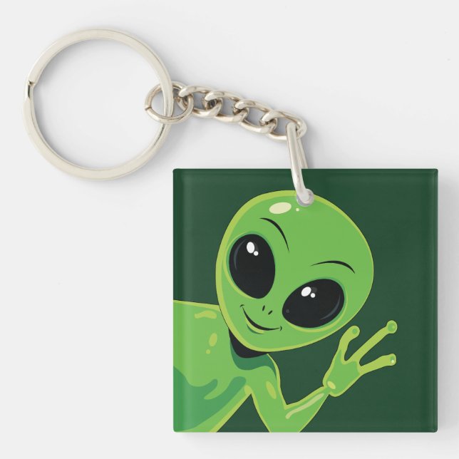 Green Alien Waving Cartoon Friendly Outer Space Key Ring (Front)
