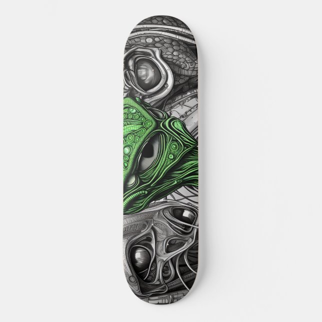 Green Alien with Degenerative Lines Background Skateboard (Front)